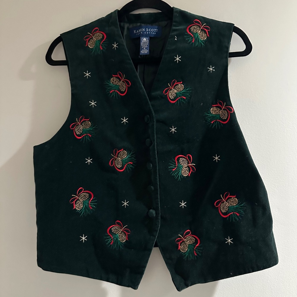 Karen Scott Vest Womens Medium Green Excellent Velvet Holiday Pinecone Embroider